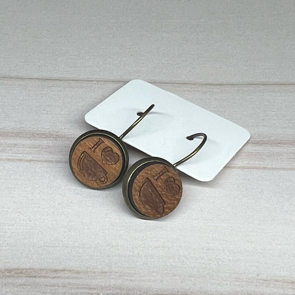 I ❤️ Coffee Drop Wood Earings in antique bronze setting